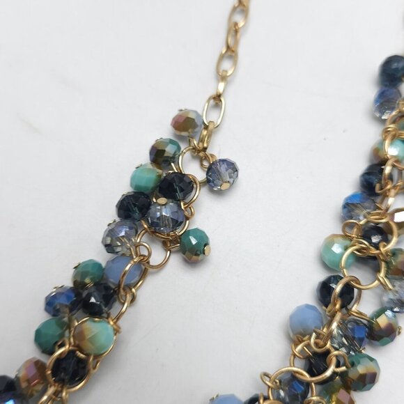 Long Crystal Beaded Gold Tone Chain Necklace With Blue Glass Beads Lobster Clasp - Picture 5 of 7